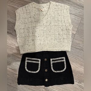 Rylee + Cru Cream Knit V-Neck Sweater Vest & Denim Skirt